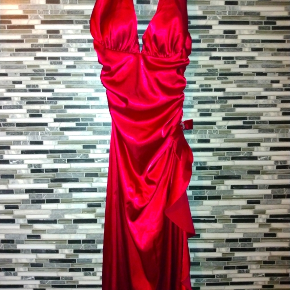 Halter Blondie Nites. Red satin versatile can be used for prom or night out